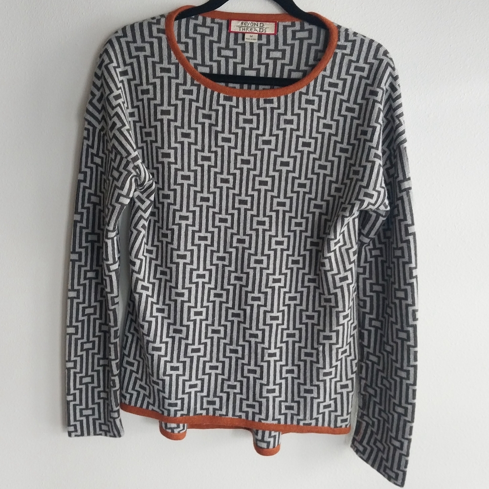 Beyond Threads Gray & Orange Geometric Pattern 100% Baby Alpaca Sweater